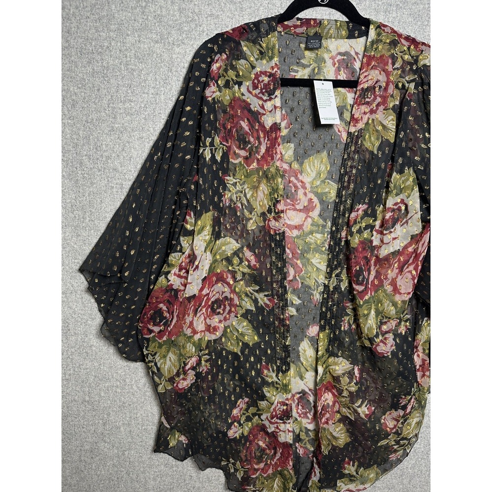 NWT Womens Shawl Top Open Front Lightweight Sheer Black Floral Flowy One Size